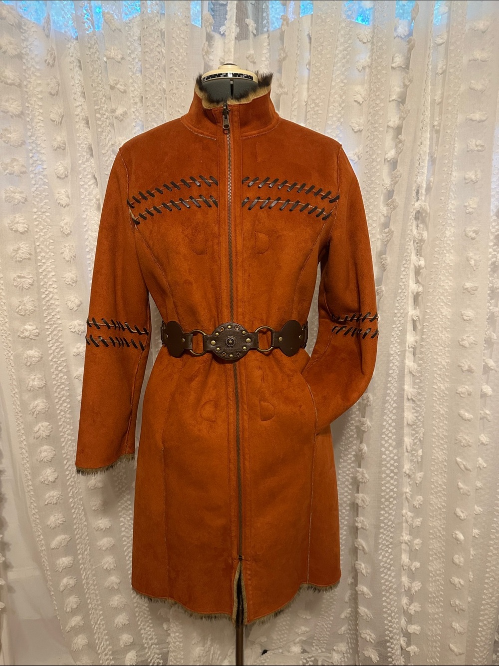 Terry Lewis Reversible Women’s Suede Long Coat with Fur Trim - Rust New With Tag
